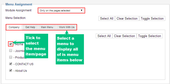 assign module to menu items