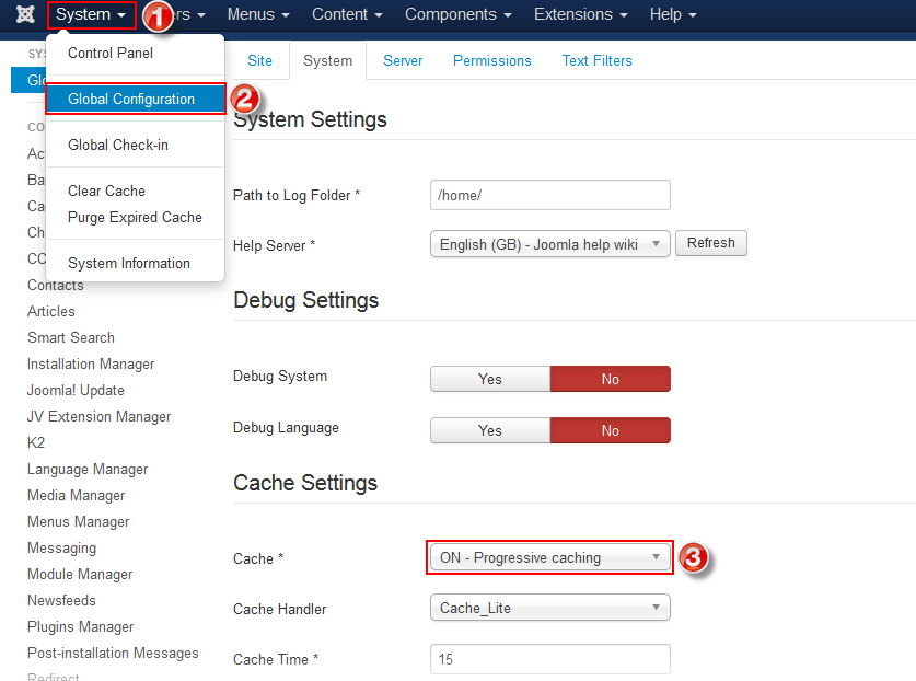 enable caching in joomla 3