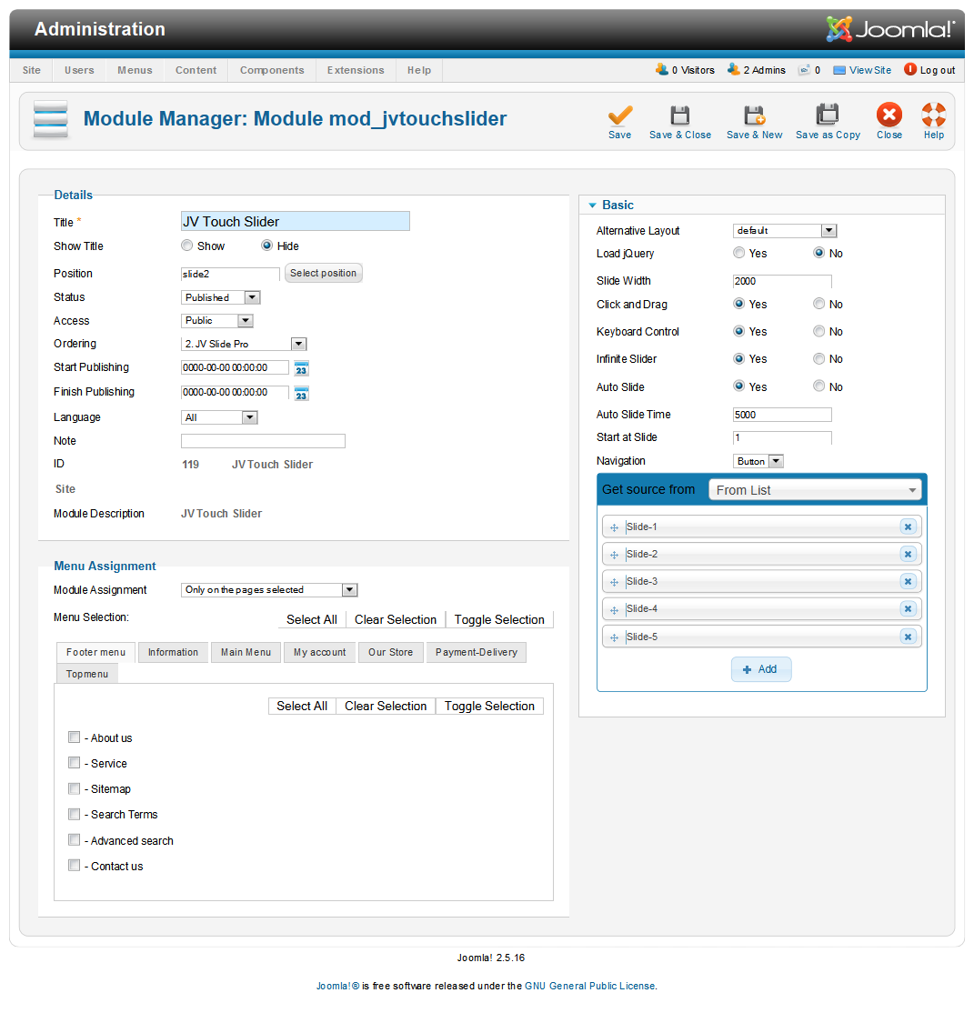 JV Touch Slider back-end settings