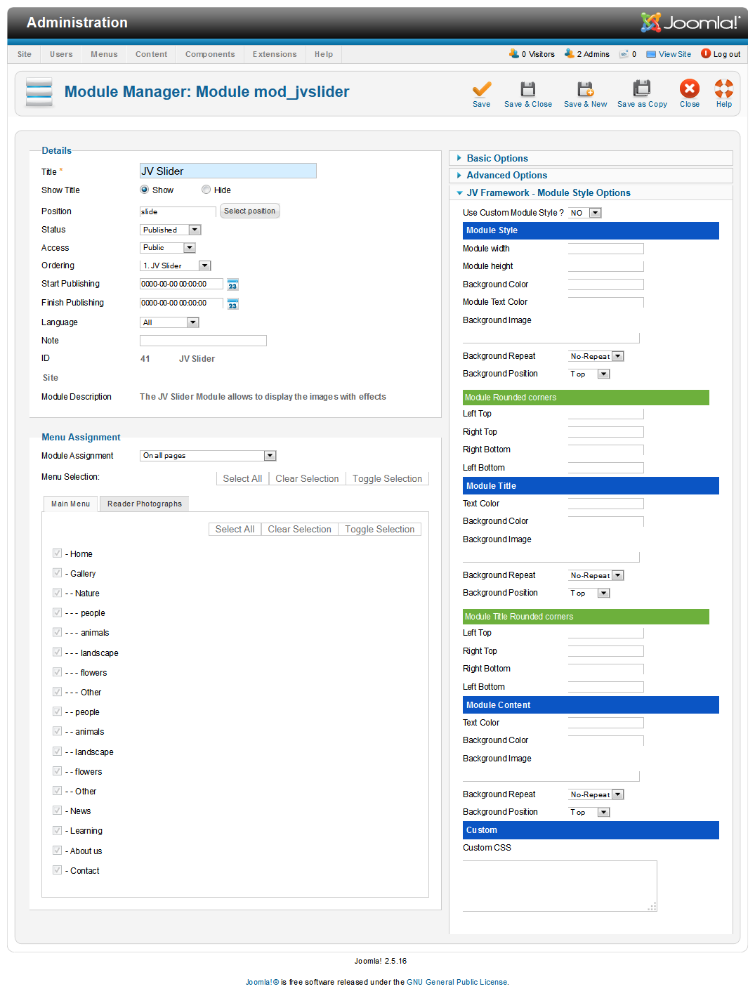 JV Slider back-end settings