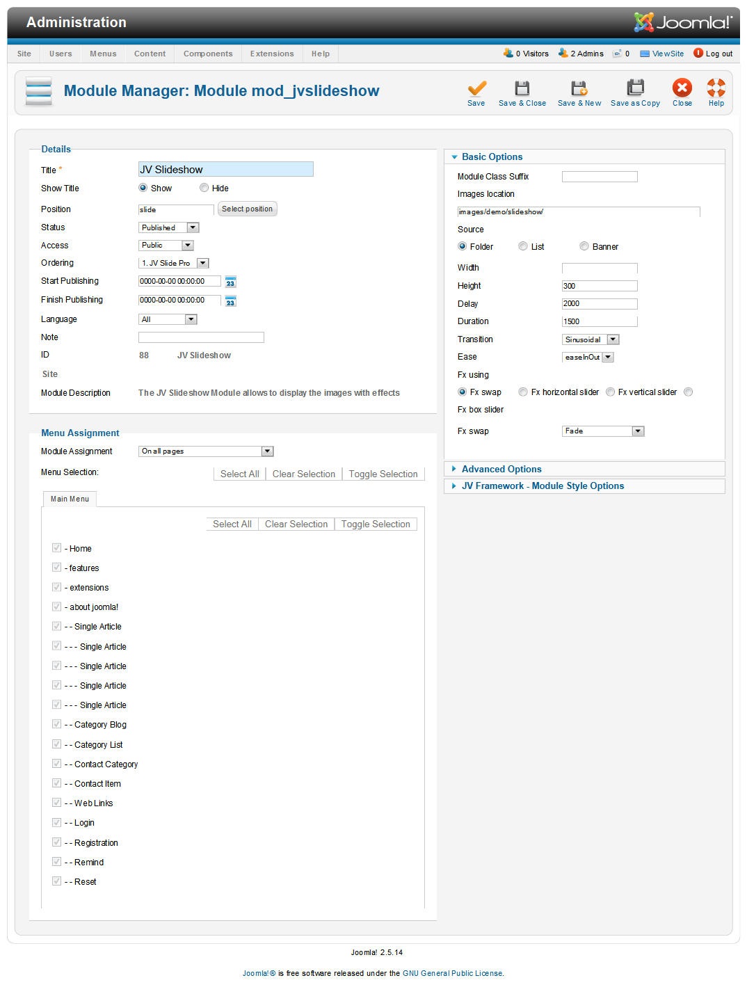 JV Slideshow back-end settings