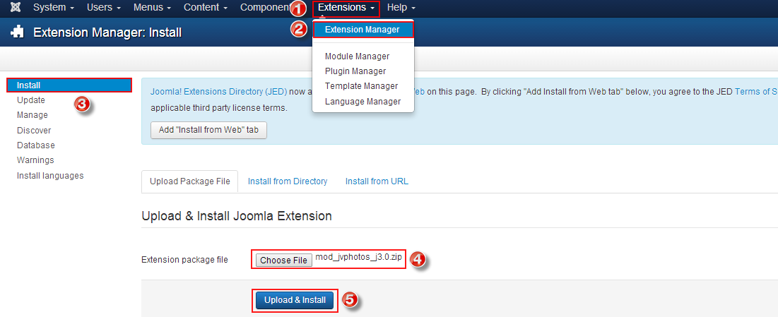 upload and install Joomla extension