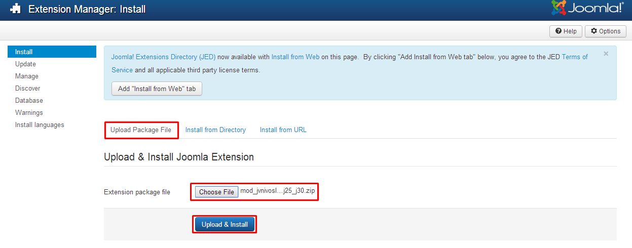 upload and install extension in joomla 3.3