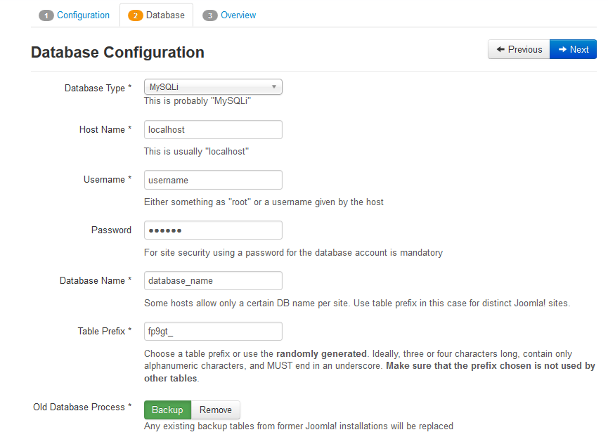 database configuration